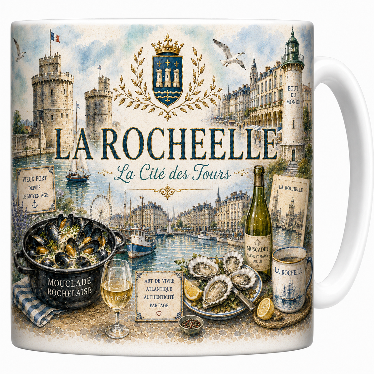 Mug céramique blanc, illustration aquarelle de La Rochelle, tours du Vieux-Port et voiliers