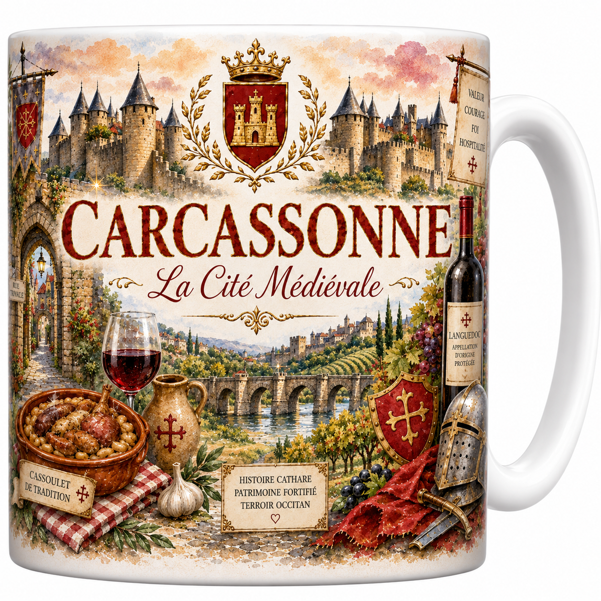 Mug céramique blanc, illustration aquarelle de Carcassonne, cité médiévale et remparts