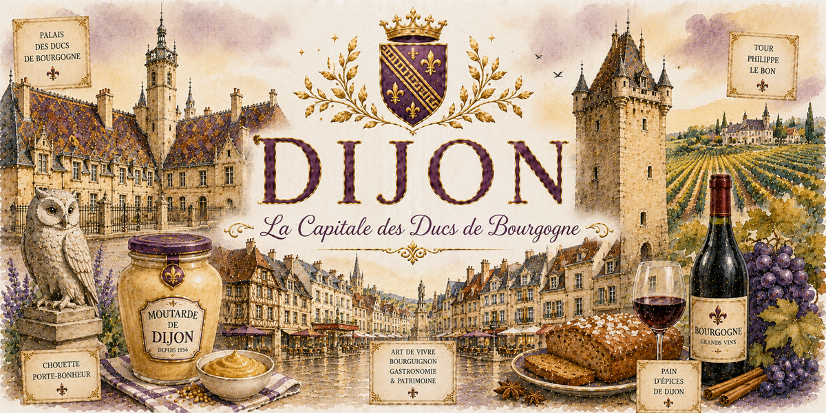 Design imprimé du mug Dijon, illustration aquarelle du palais des Ducs, de la chouette porte-bonheur et de la moutarde