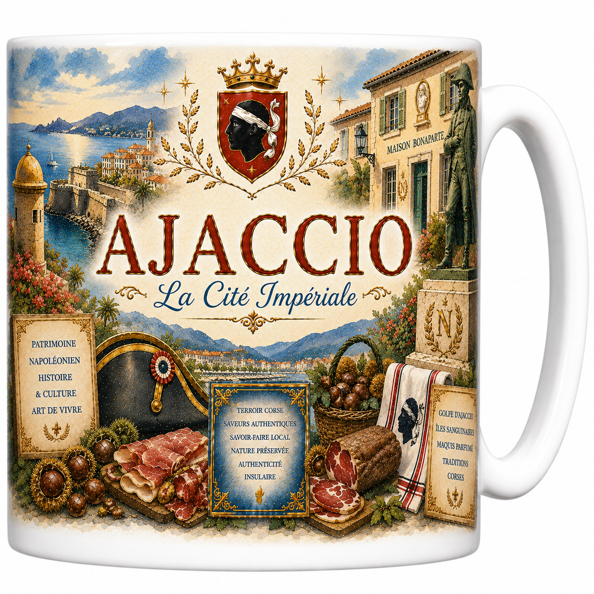 Mug céramique blanc, illustration aquarelle d'Ajaccio, maison Bonaparte et îles Sanguinaires