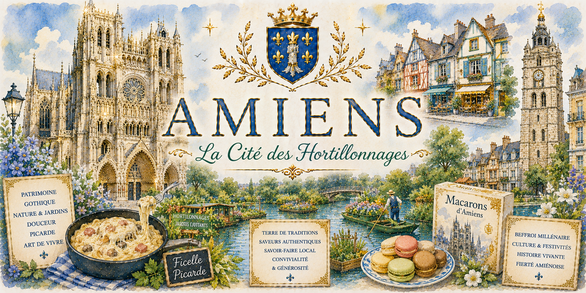Design imprimé du mug Amiens, illustration aquarelle de la cathédrale, des hortillonnages et des macarons d'Amiens