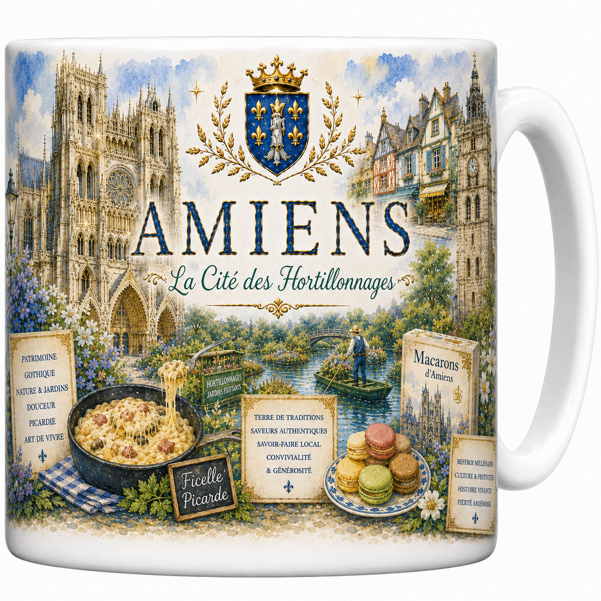 Mug céramique blanc, illustration aquarelle d'Amiens, cathédrale gothique et hortillonnages