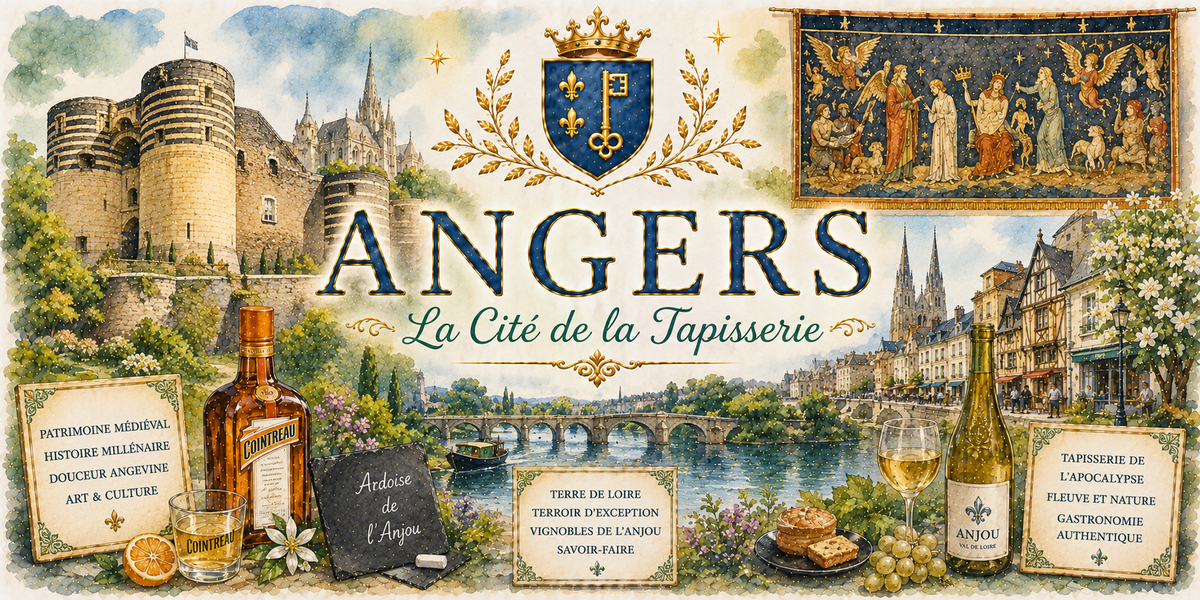 Design imprimé du mug Angers, illustration aquarelle du château, de la tapisserie de l'Apocalypse et du Cointreau