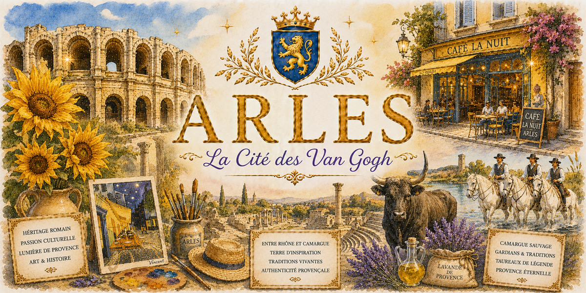 Design imprimé du mug Arles, illustration aquarelle des arènes, du café de Van Gogh et de la Camargue