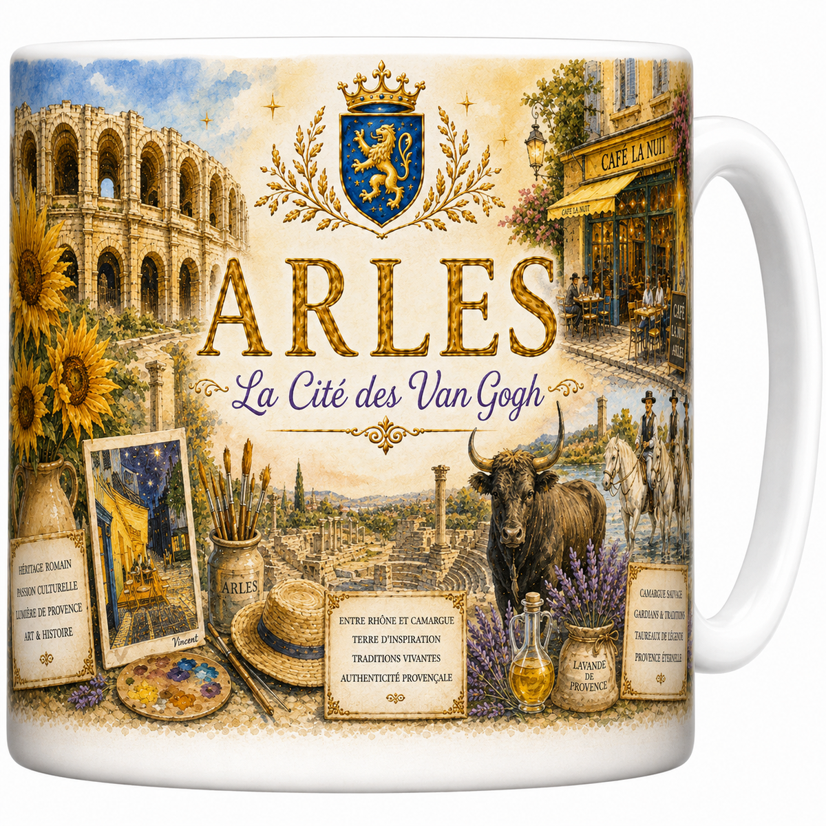 Mug céramique blanc, illustration aquarelle d'Arles, arènes romaines et tournesols