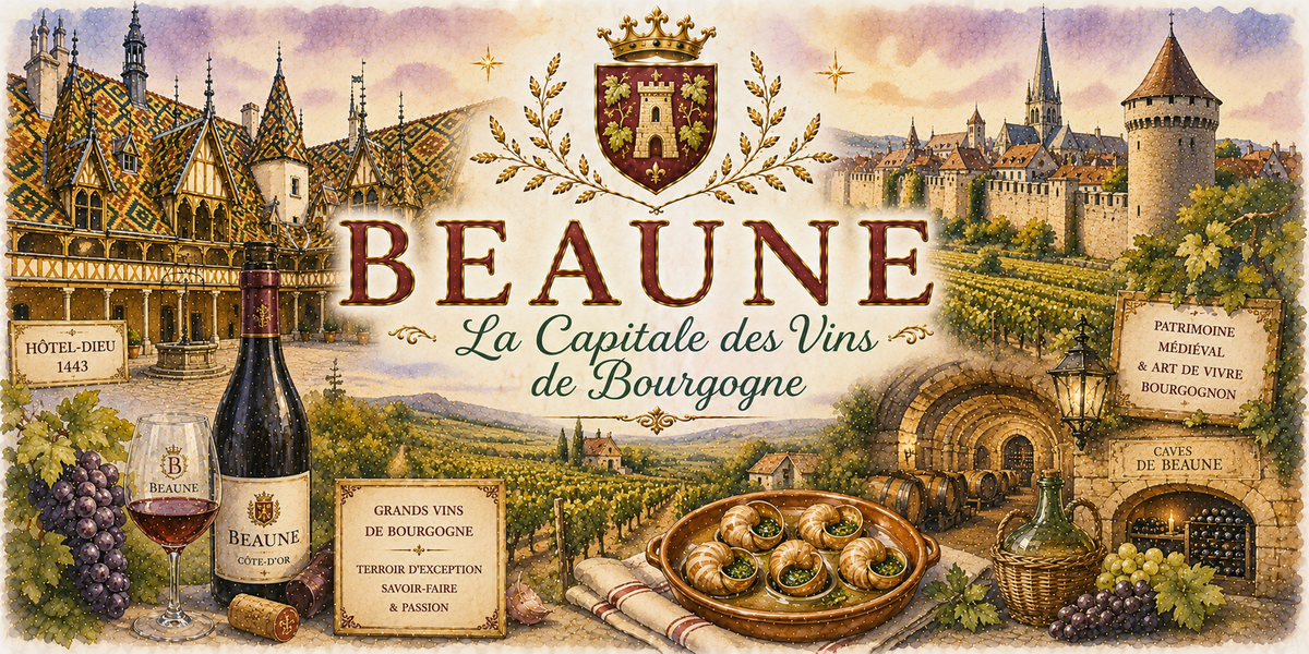 Design imprimé du mug Beaune, illustration aquarelle de l'Hôtel-Dieu, des caves et des grands vins de Bourgogne