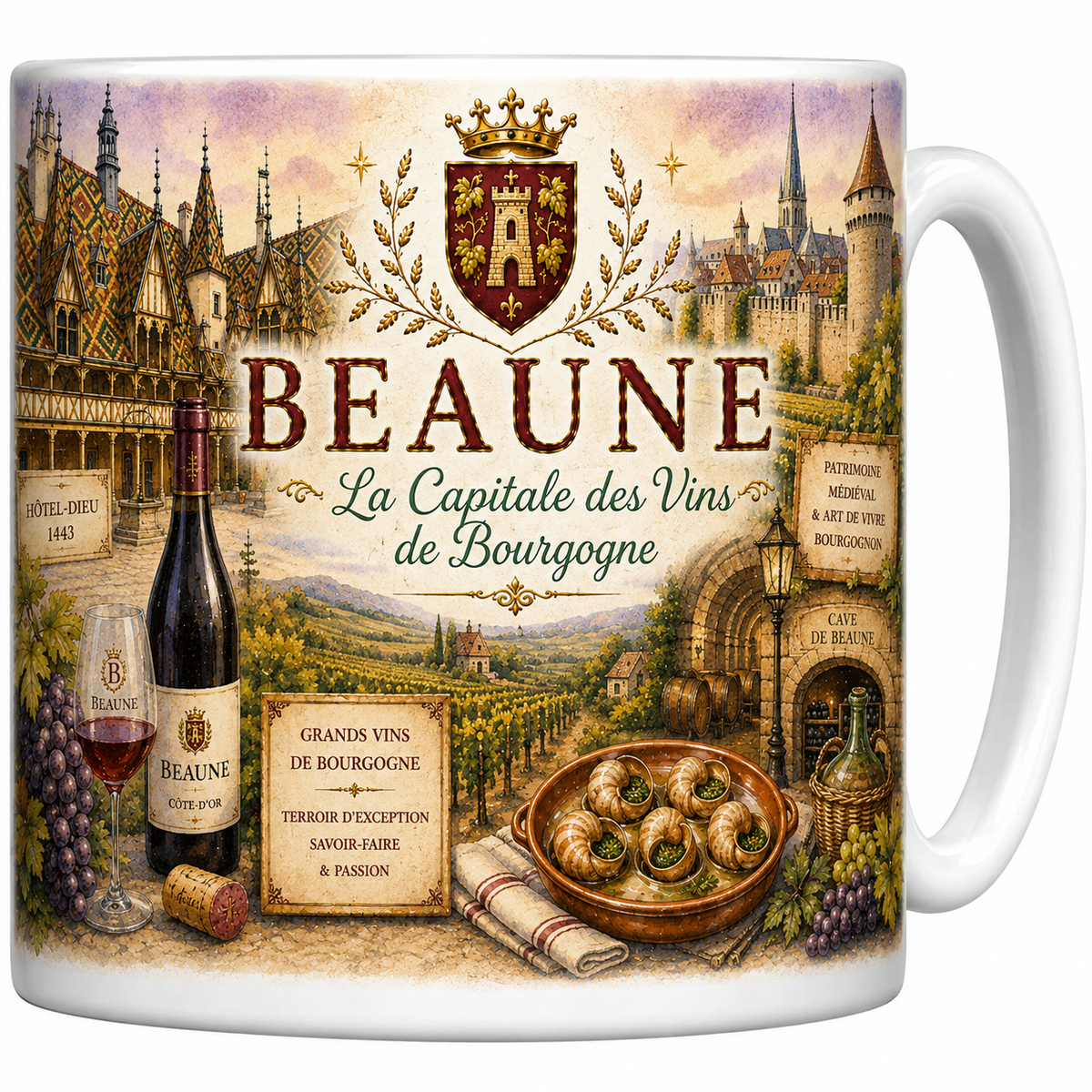 Mug céramique blanc, illustration aquarelle de Beaune, Hospices aux toits vernissés et vignes