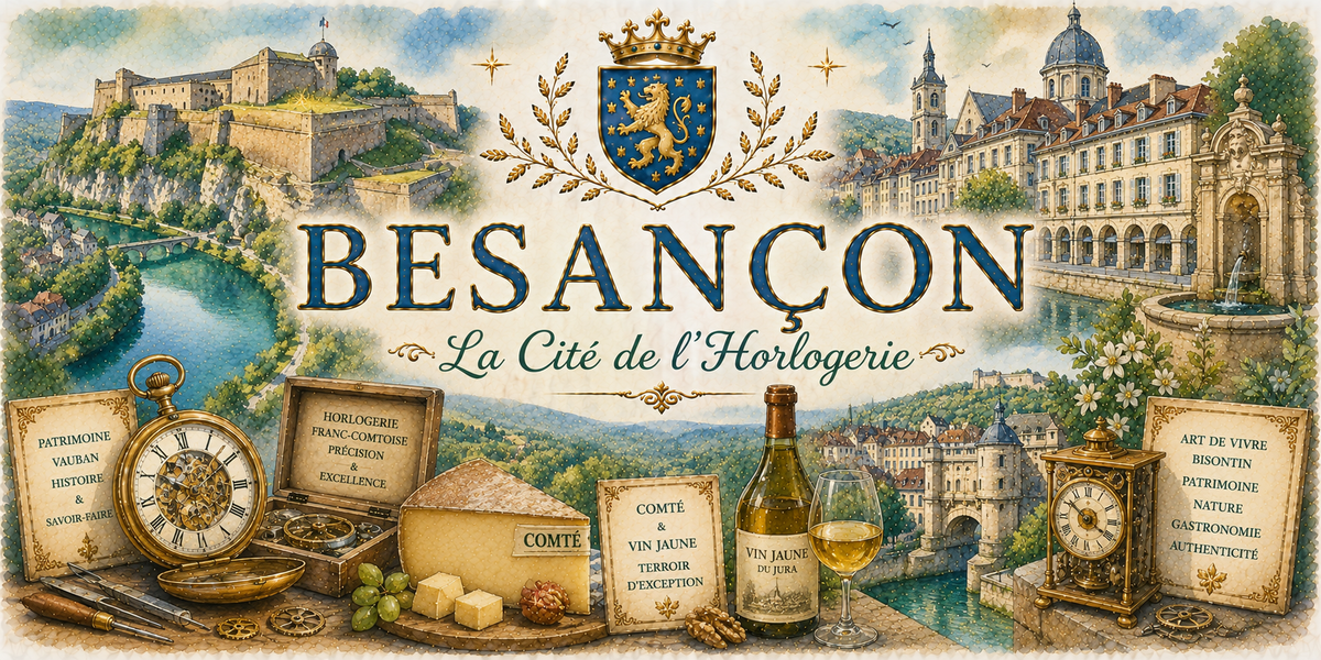 Design imprimé du mug Besançon, illustration aquarelle de la citadelle, de l'horlogerie et du comté