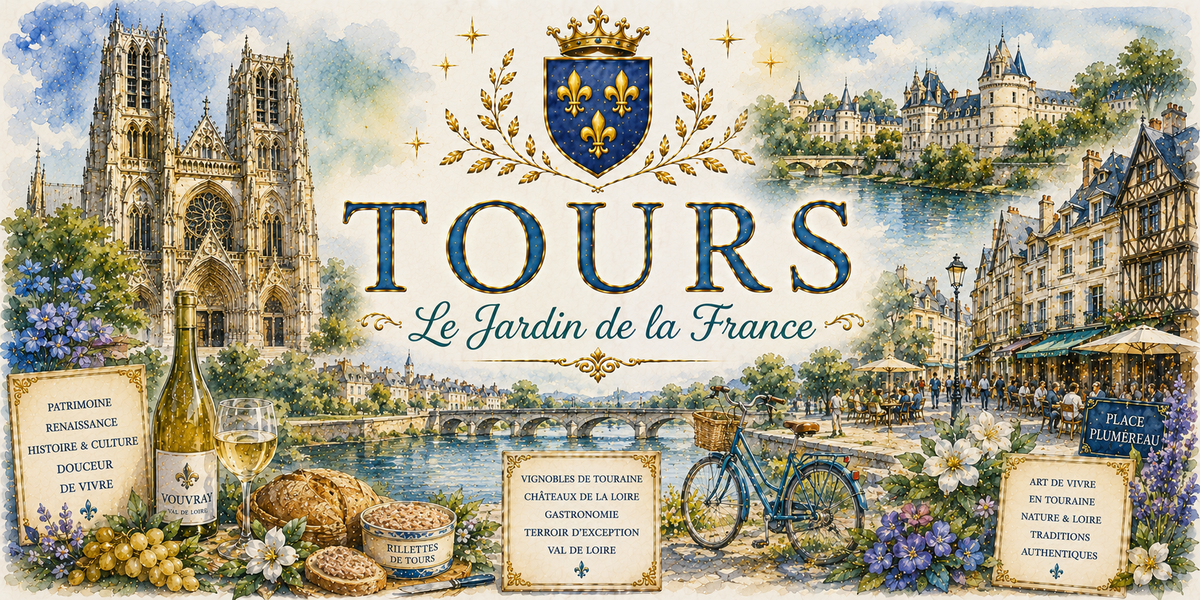 Design imprimé du mug Tours, illustration aquarelle de la cathédrale, du Vouvray et des rillettes de Touraine