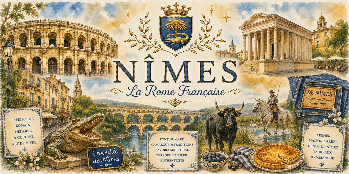 Design imprimé du mug Nîmes, illustration aquarelle des arènes, du pont du Gard, du crocodile et du denim