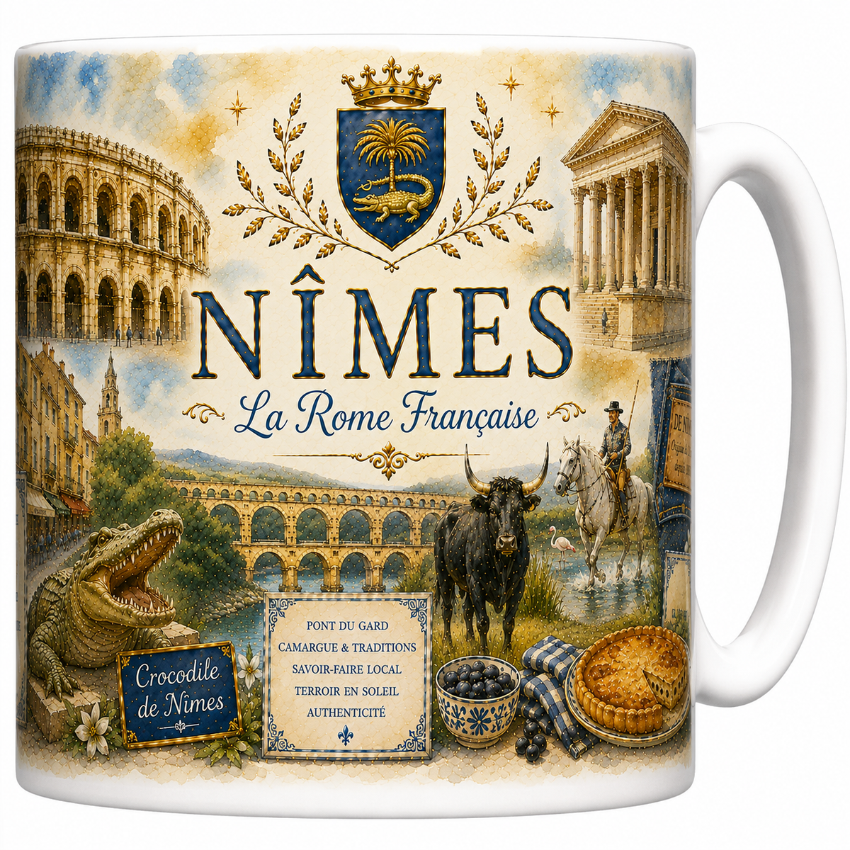 Mug céramique blanc, illustration aquarelle de Nîmes, arènes romaines et Maison Carrée