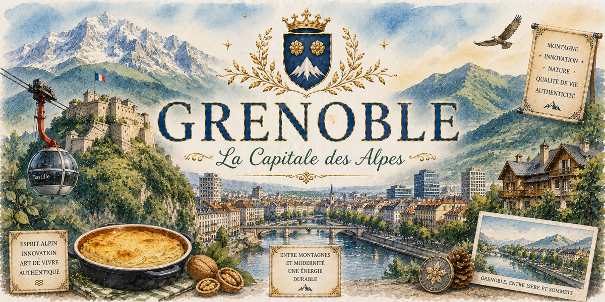 Design imprimé du mug Grenoble, illustration aquarelle de la Bastille, du téléphérique, des Alpes et du gratin dauphinois