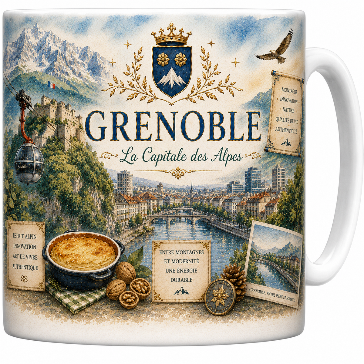 Mug céramique blanc, illustration aquarelle de Grenoble, Bastille et sommets alpins