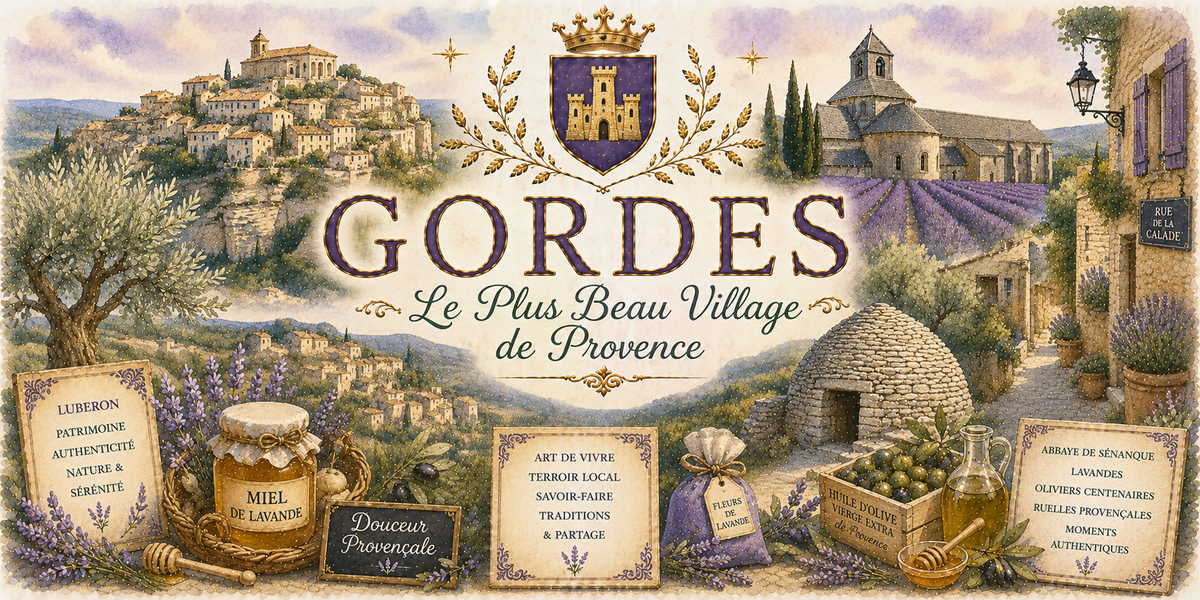 Design imprimé du mug Gordes, illustration aquarelle du village perché, de l'abbaye de Sénanque et du miel de lavande