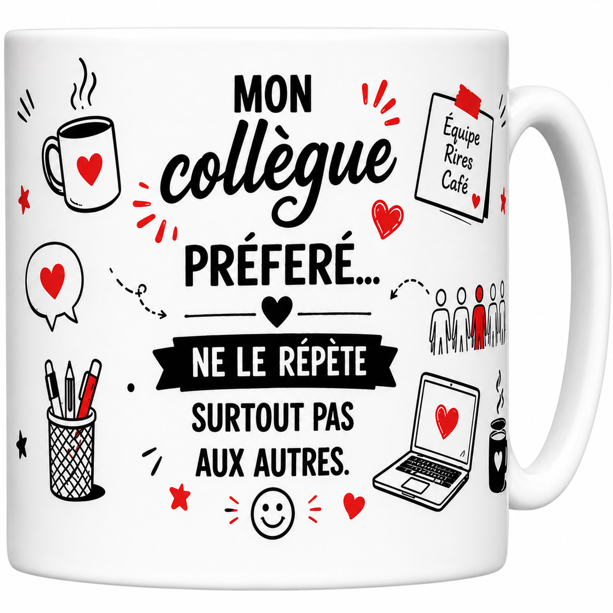 Mug céramique blanc, illustration humoristique Mon collègue préféré avec cœurs rouges et tasse de café