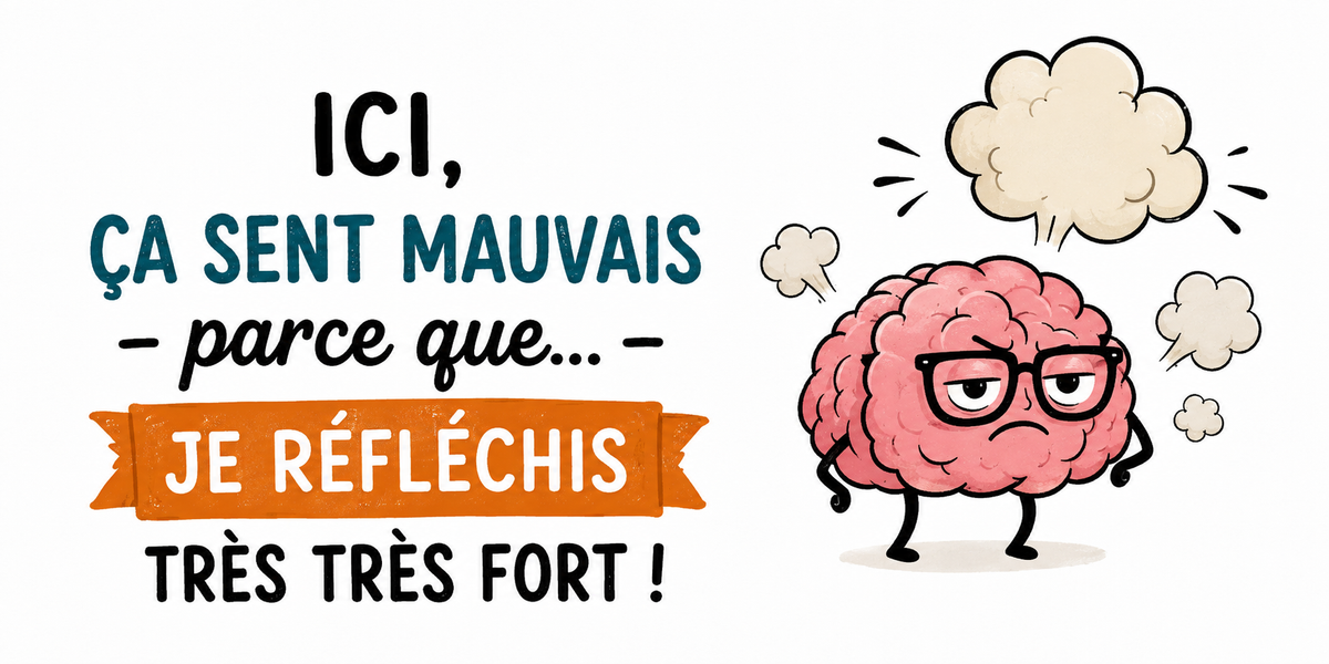 Design imprimé du mug Humour Cerveau, illustration d'un cerveau rose à lunettes et de la punchline en orange et bleu
