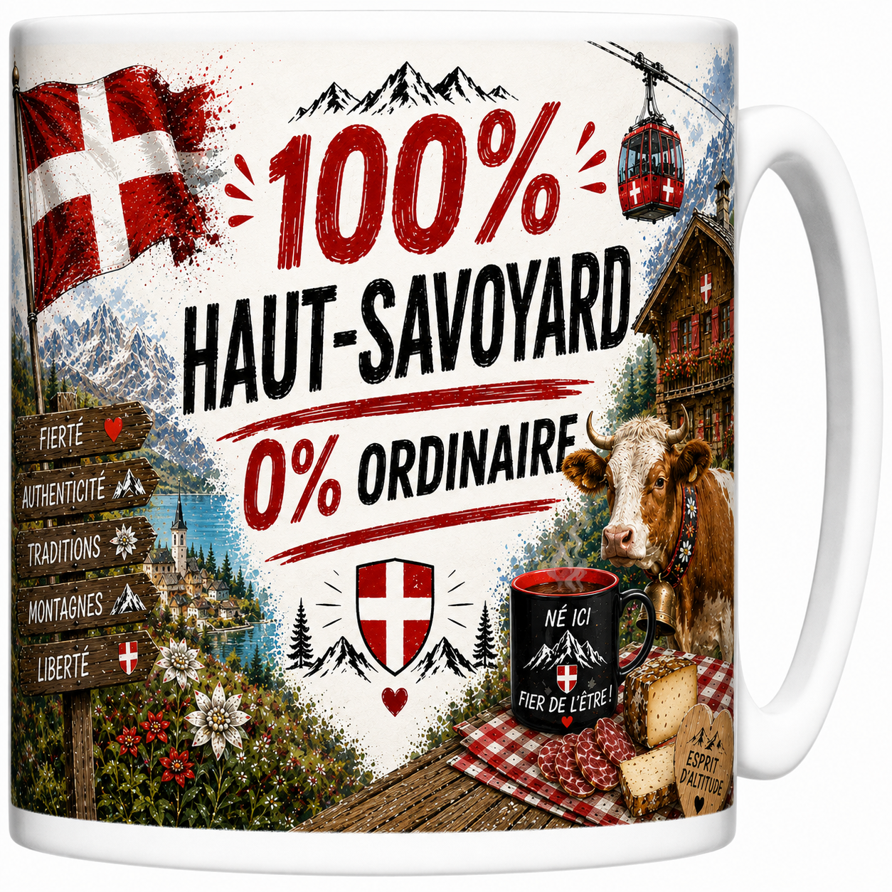 Mug 100% Haut-Savoyard 0% ordinaire en céramique, croix de Savoie, lac et chalet imprimés