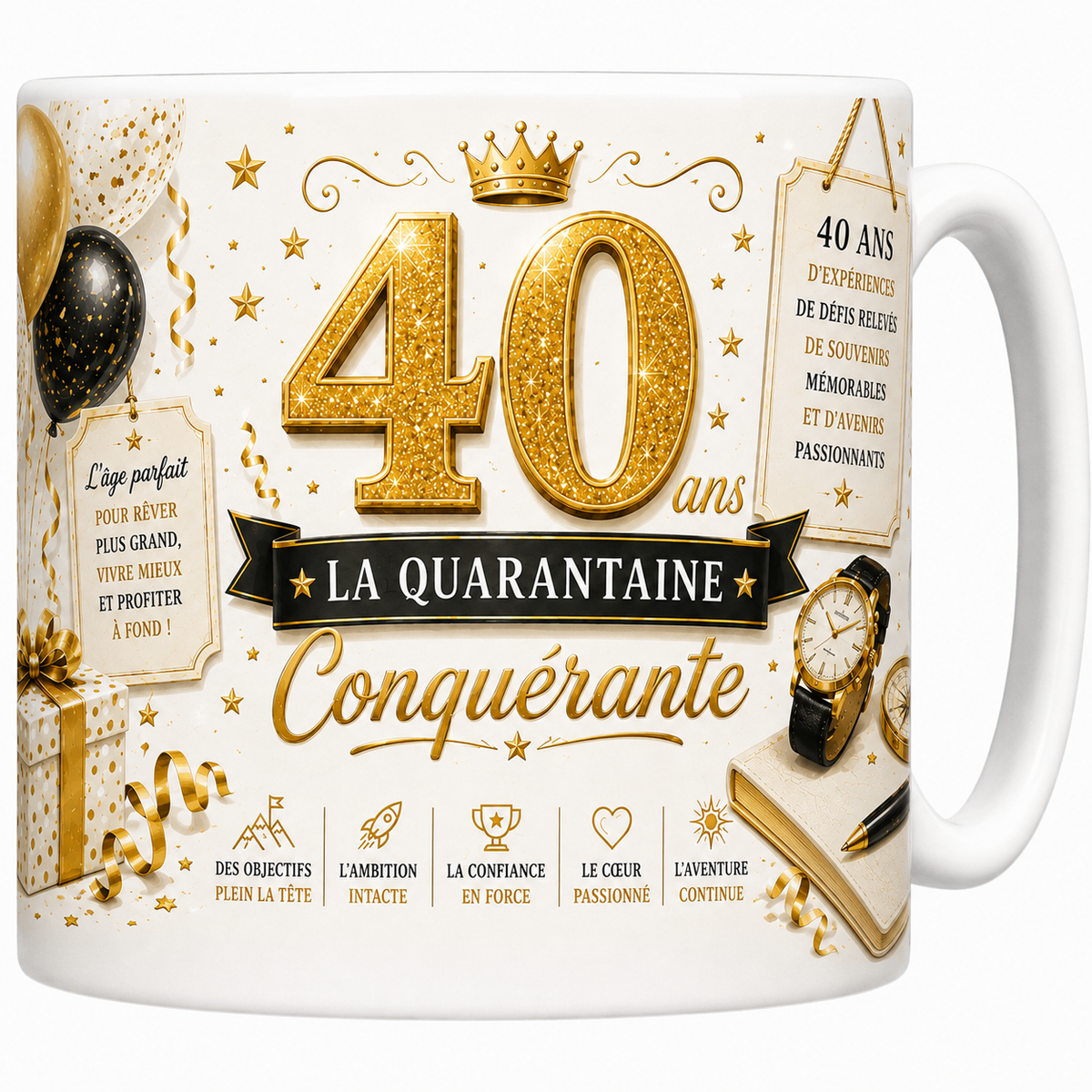 Mug céramique blanc 40 ans « La quarantaine conquérante » : chiffre pailleté or, montre et boussole