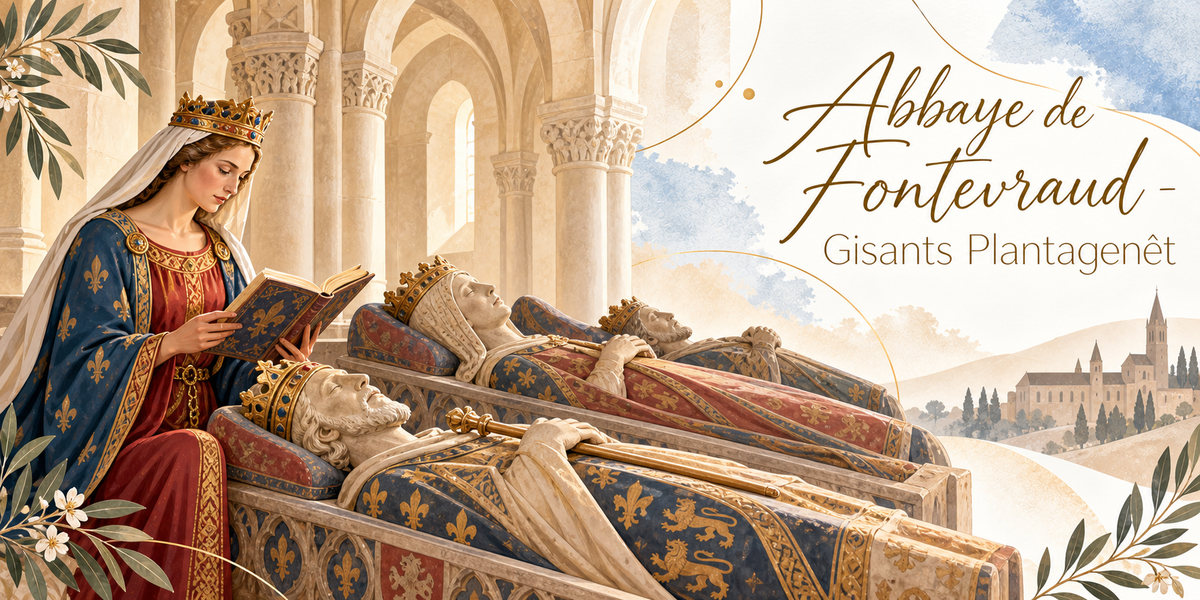 Visuel aquarellé de l'abbatiale de Fontevraud, une reine couronnée en robe bleue à fleurs de lys et manteau rouge debout, lisant un livre ouvert, devant les gisants royaux alignés sur leurs socles, leurs draperies bleues fleurdelisées et rouges aux lions, un roi couronné tenant son sceptre, les colonnes et les arcades claires de la nef, un paysage de collines et l'abbaye au loin à droite, des fleurs blanches et des feuillages d'olivier en bordure et le titre Abbaye de Fontevraud - Gisants Plantagenêt