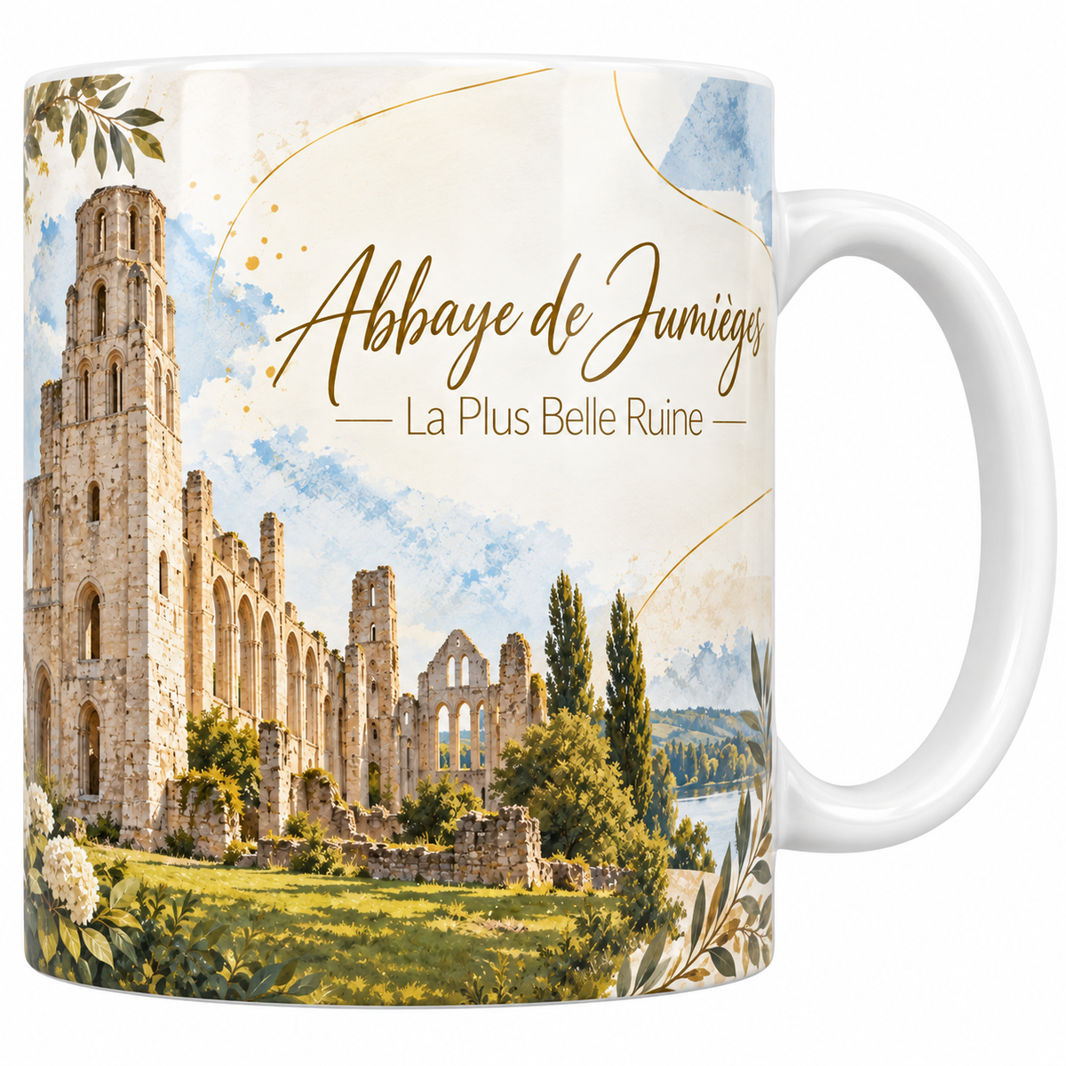 Mug céramique blanche 330 ml illustré de l'abbaye de Jumièges à l'aquarelle, ses deux hautes tours de façade et les grandes arcades de la nef sans toit, la pelouse verte et les hortensias blancs, des feuillages et le titre Abbaye de Jumièges - La Plus Belle Ruine en lettres dorées