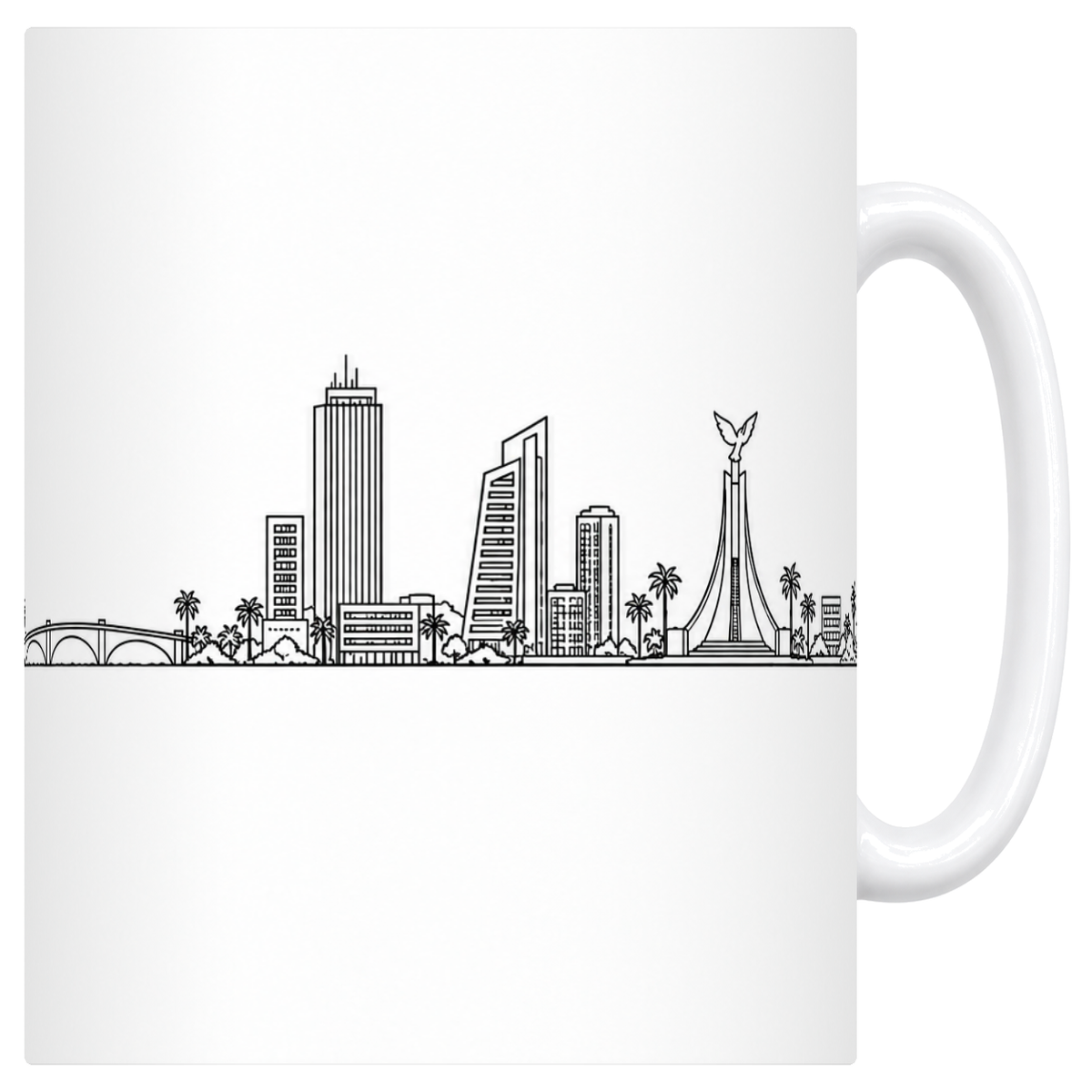 Mug blanc en céramique 330 ml illustré du skyline d'Abidjan au trait noir : le pont en arches sur la lagune, les tours du Plateau, le monument aux ailes ouvertes et les palmiers