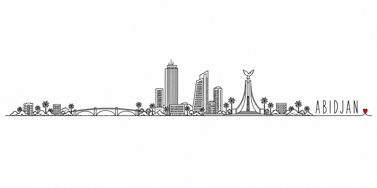 Skyline d'Abidjan dessiné au trait noir continu, de gauche à droite : les maisons basses et les palmiers, le pont en arches jeté sur la lagune, les tours du Plateau et leurs antennes, un monument sculpté aux ailes ouvertes sur son socle et les immeubles du bord de lagune — avec le nom ABIDJAN en capitales espacées et un petit cœur rouge