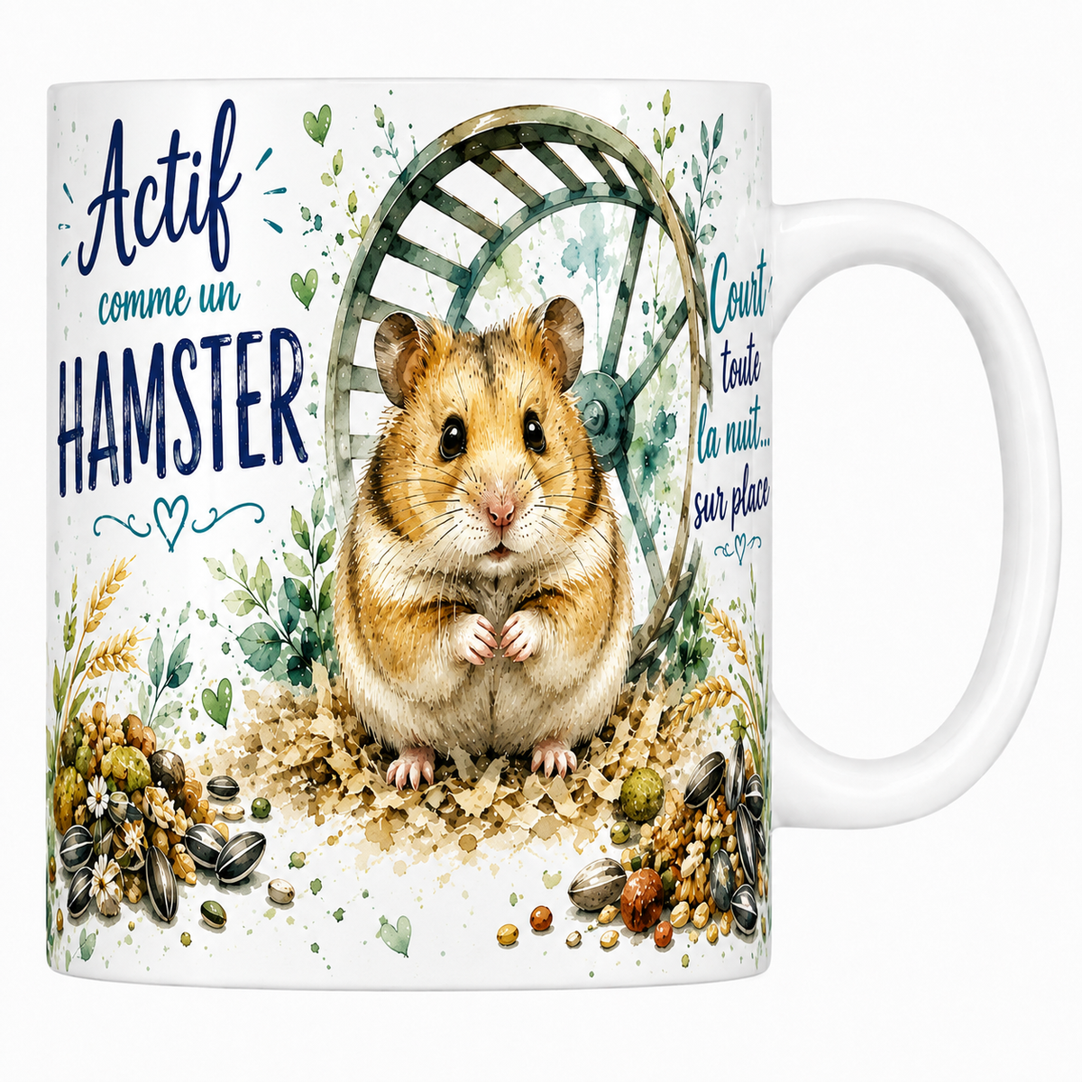 Mug céramique 330 ml « Actif comme un hamster » : hamster devant sa roue de bois