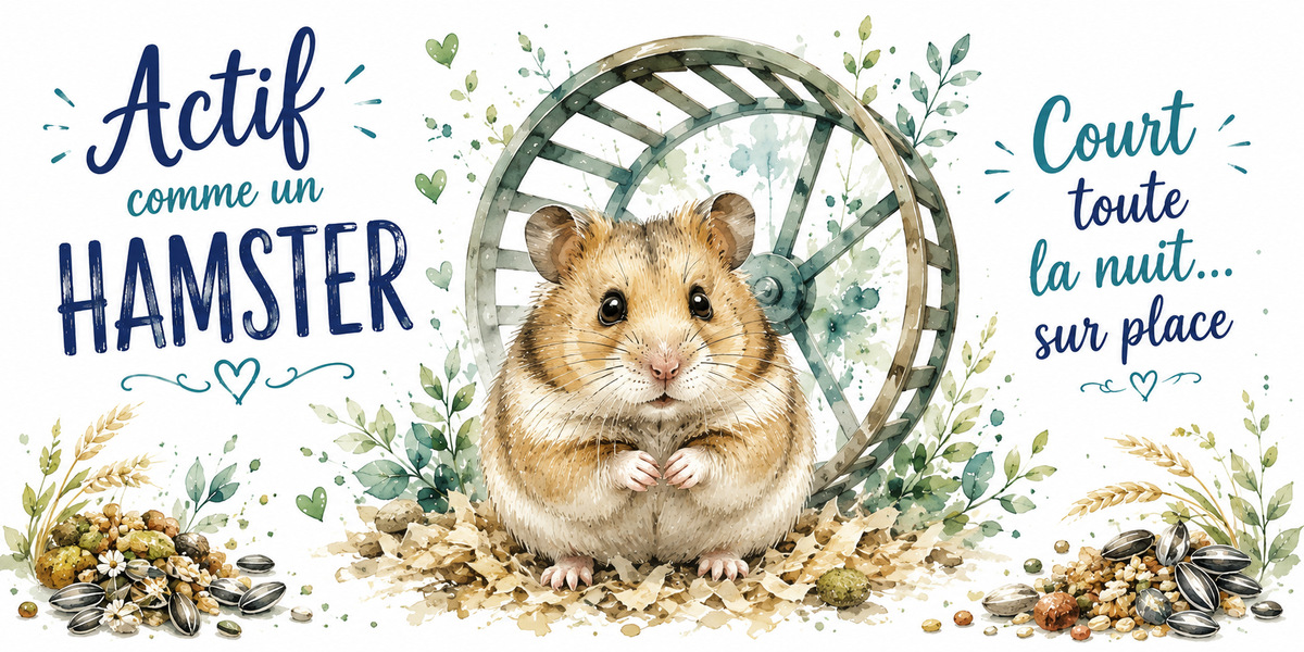 Visuel « Actif comme un hamster, court toute la nuit sur place » : aquarelle d'un hamster et de graines de tournesol