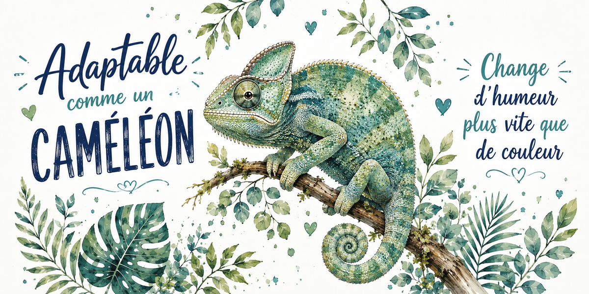 Caméléon à la queue enroulée à l'aquarelle : « Adaptable. Change d'humeur plus vite que de couleur »