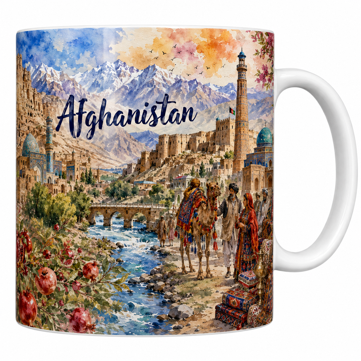 Mug céramique 330 ml Afghanistan aquarelle : niche de Bâmiyân, Hindou Kouch et tapis