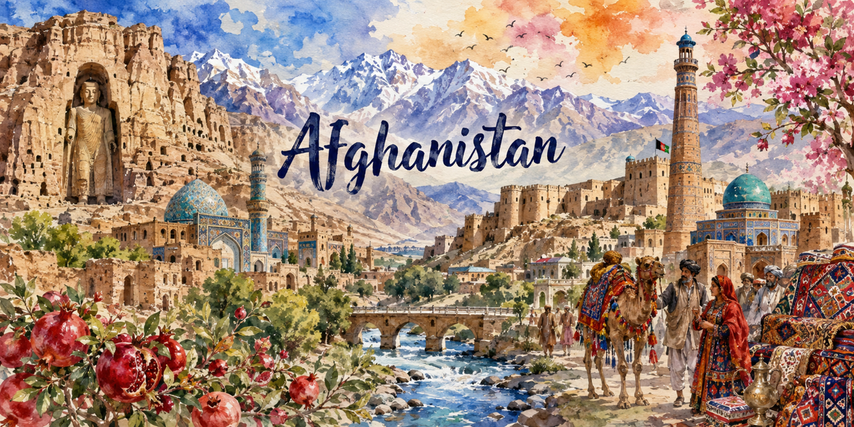 Visuel Afghanistan aquarelle : Bâmiyân, Hindou Kouch, citadelle de Hérat, dromadaires et grenades