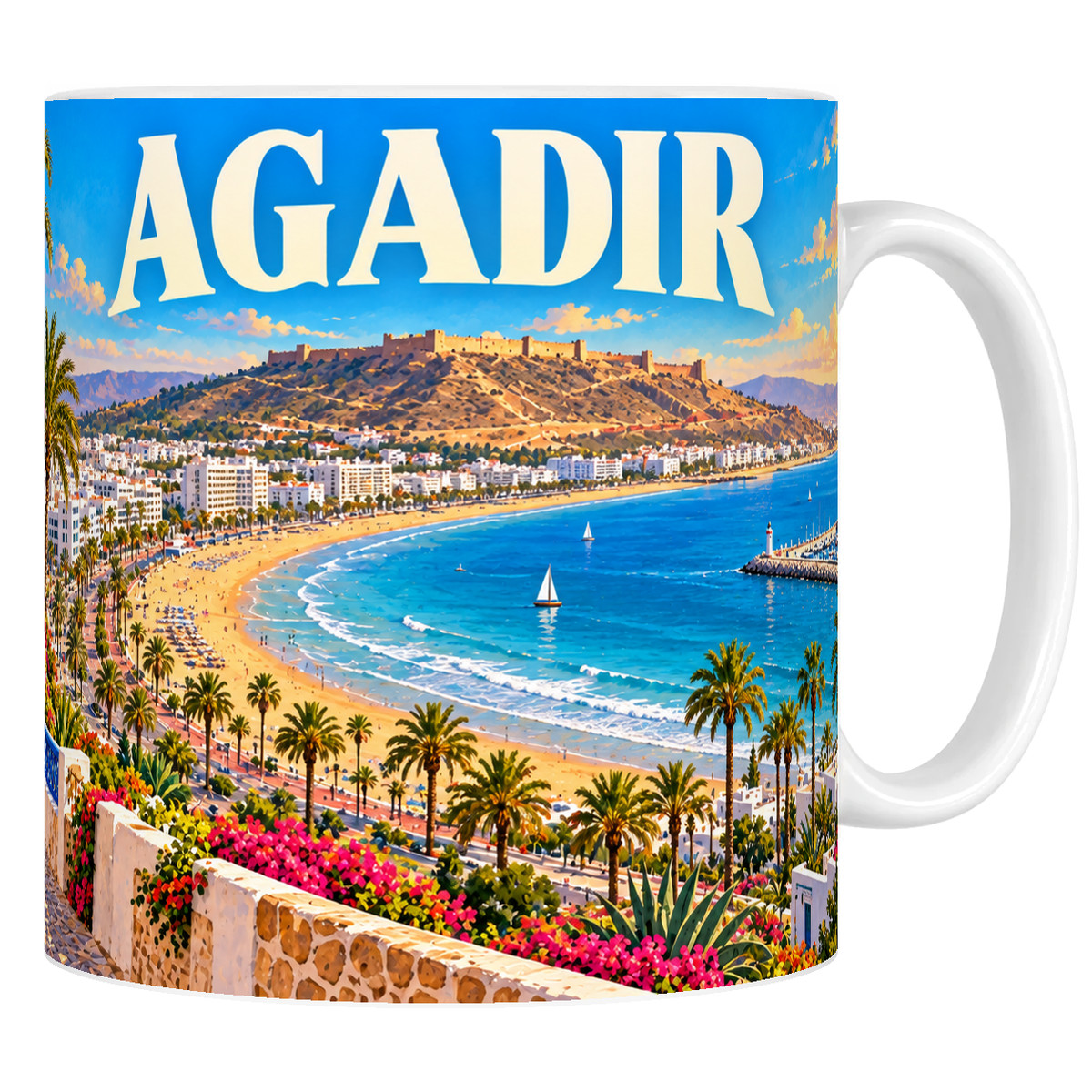 Mug en céramique blanc 330 ml, affiche Agadir : baie en croissant, ruines de la kasbah et marina