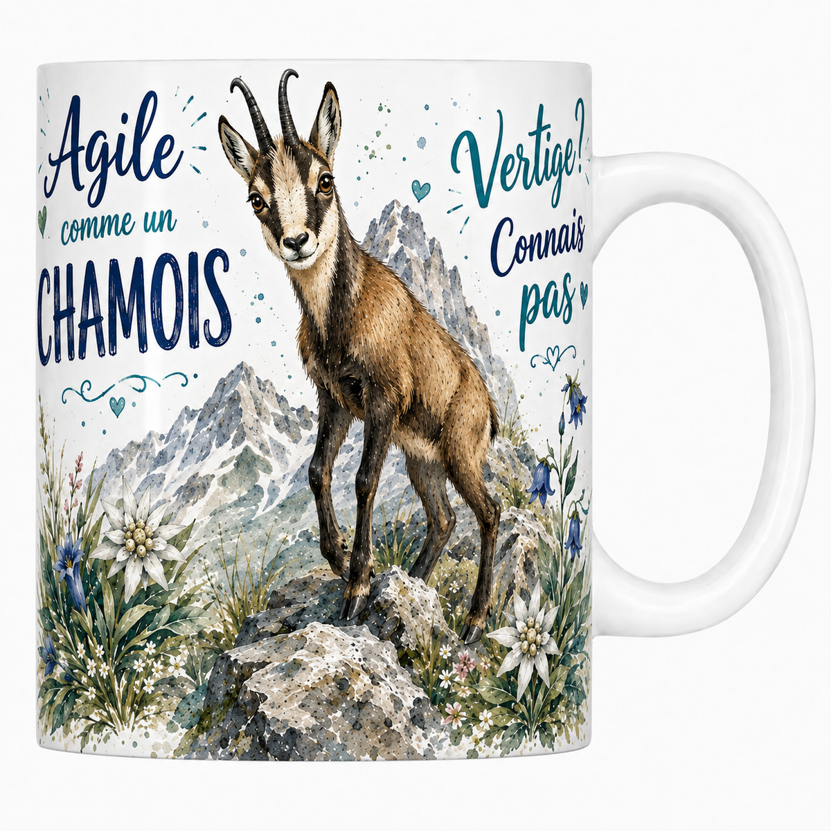 Mug céramique blanc « Agile comme un chamois », chamois et sommets enneigés à l'aquarelle