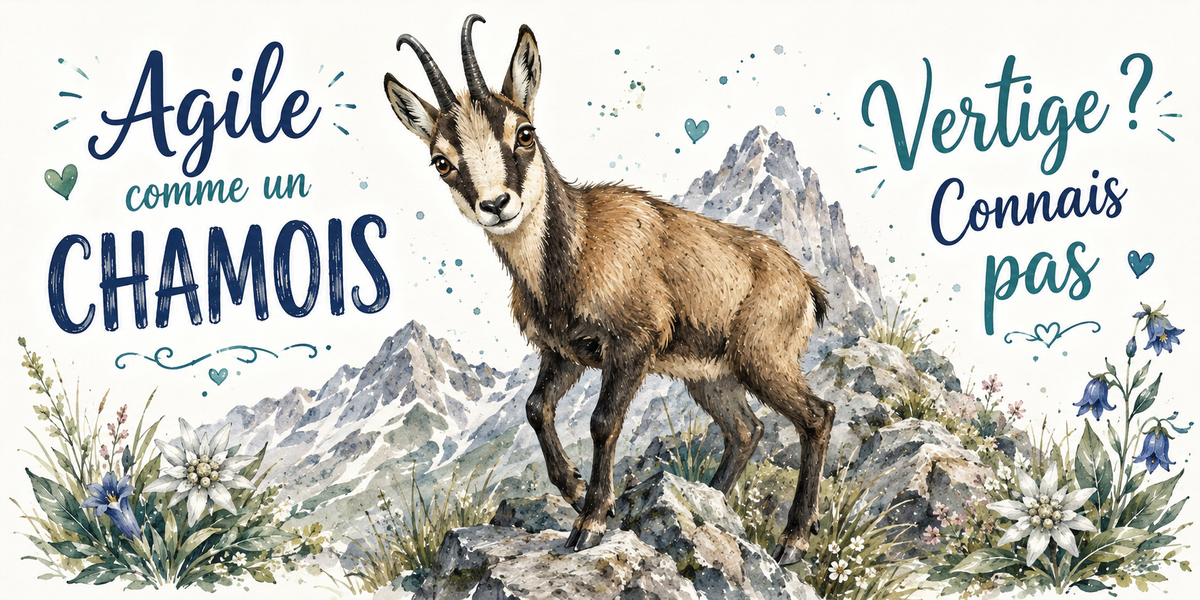Chamois sur son ressaut rocheux à l'aquarelle : « Agile comme un chamois. Vertige ? Connais pas »