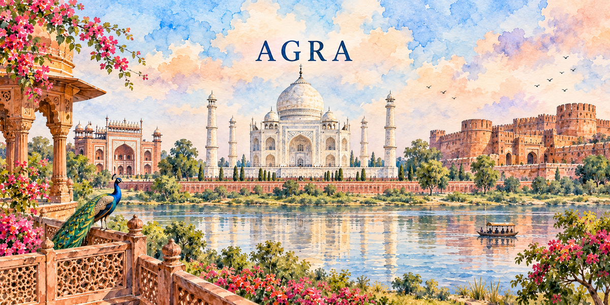 Illustration aquarelle d'Agra : un paon posé sur la balustrade d'un pavillon de grès rouge, le Taj Mahal et ses quatre minarets, la Yamuna et sa barque, les cyprès et le fort d'Agra