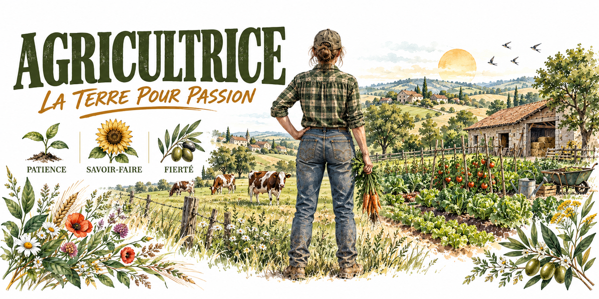 Aquarelle agricultrice : le mot AGRICULTRICE en capitales vert foncé et la mention manuscrite La Terre pour Passion, une agricultrice en chemise à carreaux et jean vue de dos, botte de carottes à la main, potager en planches avec tomates tuteurées et salades, grange de pierre à toit de tuiles, brouette et arrosoir, vaches au pré, collines et soleil levant, trois vignettes — pousse patience, tournesol savoir-faire, rameau d'olivier fierté — et une bordure de coquelicots et de marguerites