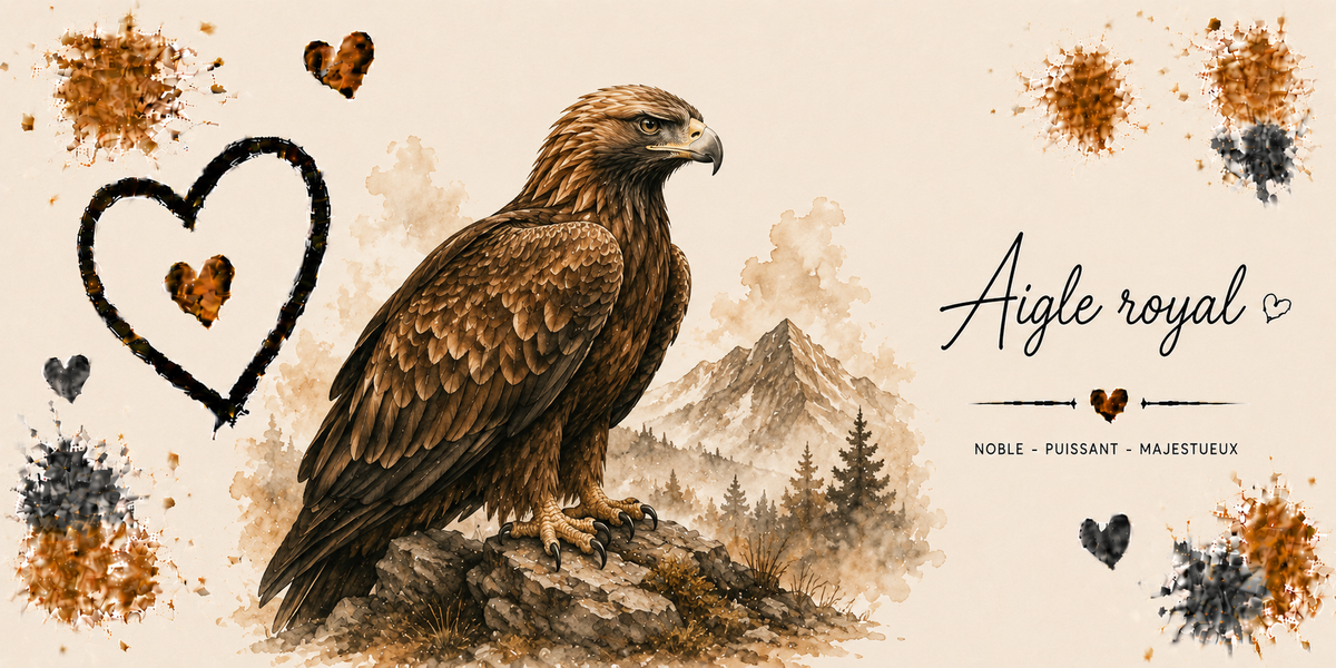 Design du mug Aigle Royal : aigle perché sur un rocher face à la forêt de montagne, gravure sépia, cœur noir