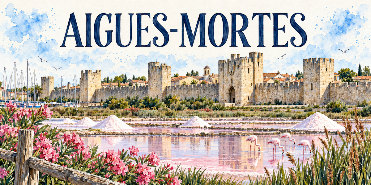 Aigues-Mortes en aquarelle : courtines et tours de l'enceinte, tour de Constance, salins roses et flamants