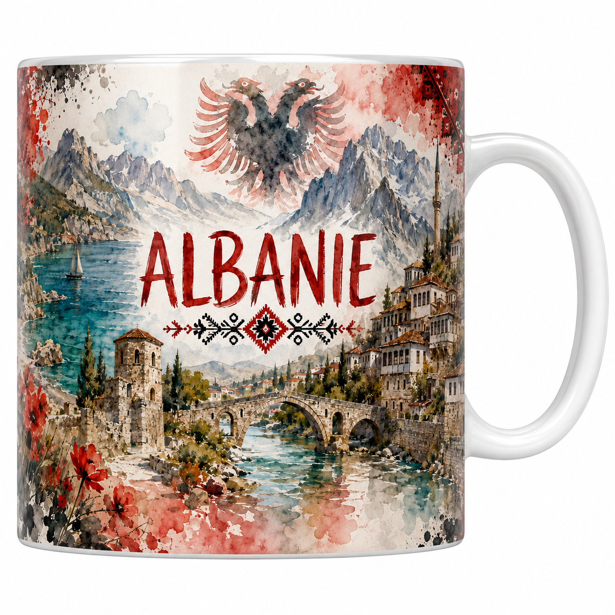 Mug céramique 330 ml Albanie aquarelle : village de Berat, pont ottoman, minaret et Riviera turquoise