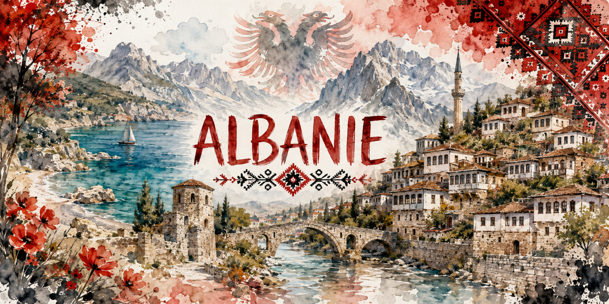 Visuel Albanie aquarelle : aigle bicéphale, maisons étagées de Berat, pont ottoman et côte turquoise