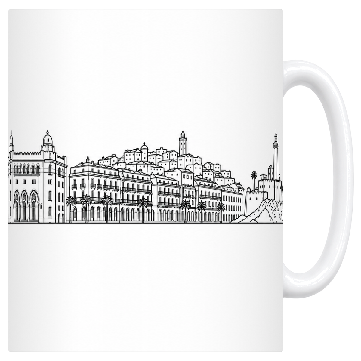 Mug blanc en céramique 330 ml illustré du skyline d'Alger au trait noir : la Grande Poste et ses coupoles, les immeubles à arcades du front de mer, la Casbah et le phare sur son rocher