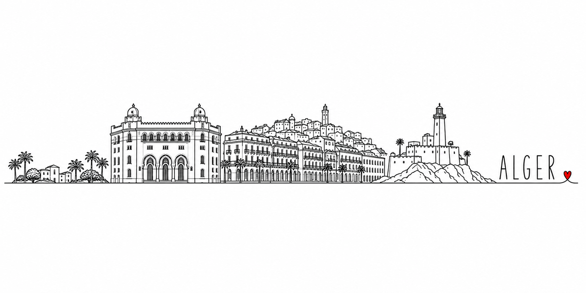 Skyline d'Alger dessiné au trait noir continu, de gauche à droite : les palmiers et les maisons basses, la Grande Poste et ses coupoles, les immeubles à arcades du front de mer, la Casbah qui grimpe avec son minaret, les arcades du boulevard et les palmiers, et le rocher que couronnent la citadelle et son phare — avec le nom ALGER en capitales espacées et un petit cœur rouge