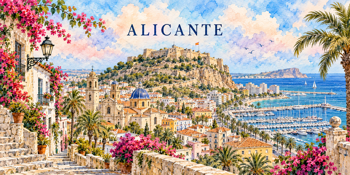 Aquarelle d'Alicante : terrasse à balustrade, palmiers et bougainvillées, château de Santa Bárbara sur le rocher du Benacantil, coupole bleue, toits de tuiles, marina et voiliers