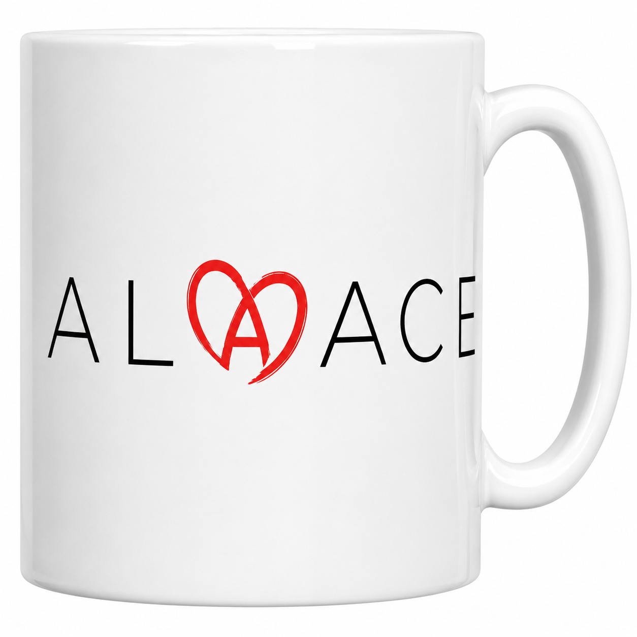 Mug Alsace cœur en céramique blanche, capitales fines et cœur rouge au pinceau autour du A