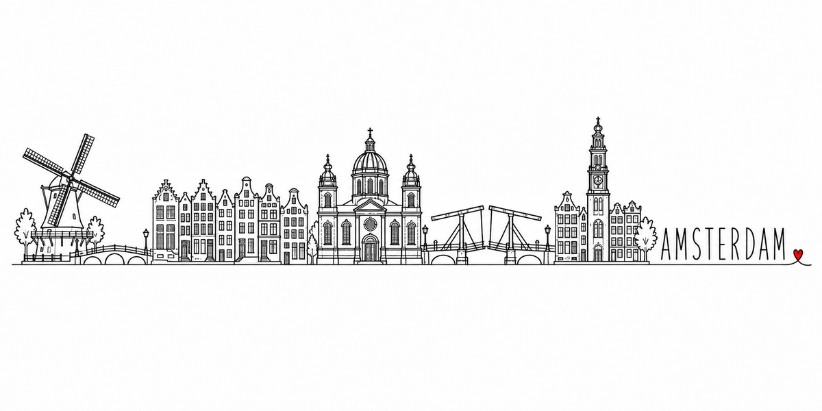 Skyline d'Amsterdam dessiné au trait noir continu, de gauche à droite : moulin à vent, pont de brique, rangée de maisons à pignons de canal, basilique Saint-Nicolas et sa coupole entre deux clochers, pont-levis de bois du Magere Brug et tour de la Westerkerk couronnée — avec le nom AMSTERDAM en capitales espacées et un petit cœur rouge