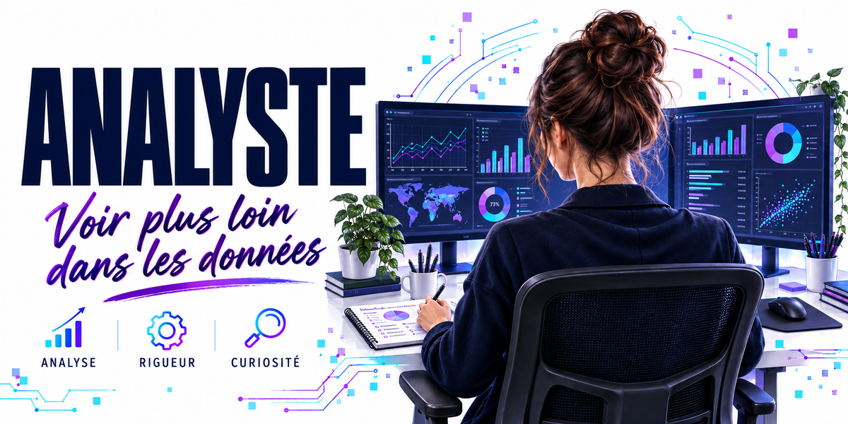 Visuel analyste : le mot ANALYSTE en capitales bleu marine sur fond blanc à circuits imprimés bleus et violets, la phrase manuscrite violette Voir Plus Loin dans les Données, une analyste en pull bleu marine, chignon, assise de trois quarts dos devant trois écrans affichant une carte du monde, des courbes ascendantes et des histogrammes colorés, carnet ouvert et plante verte, trois pastilles — analyse, rigueur, curiosité
