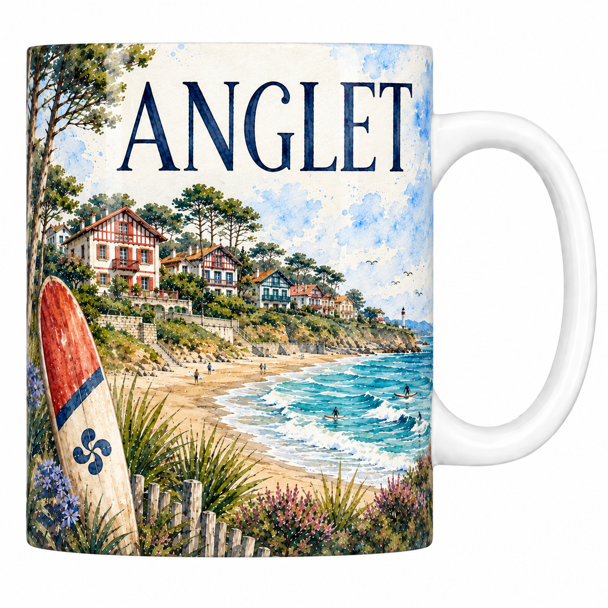 Mug céramique 330 ml « ANGLET » : plage, falaise et planche de surf à l'aquarelle