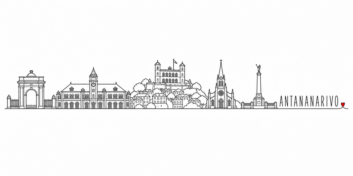 Skyline d'Antananarivo dessiné au trait noir continu, de gauche à droite : l'arc de triomphe et sa grille, l'hôtel de ville à tour-horloge et arcades, les maisons de brique à toits pentus qui dévalent la pente, le Rova sur la colline avec ses tours et son drapeau, les arbres, la cathédrale néogothique à flèche et rosace, et la colonne du monument surmontée d'une figure ailée — avec le nom ANTANANARIVO en capitales espacées et un petit cœur rouge
