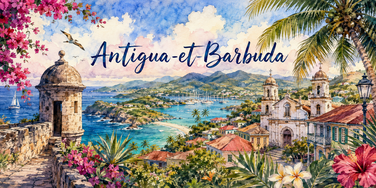 Visuel Antigua-et-Barbuda aquarelle : fort, baie aux voiliers, église à deux clochers et frangipaniers