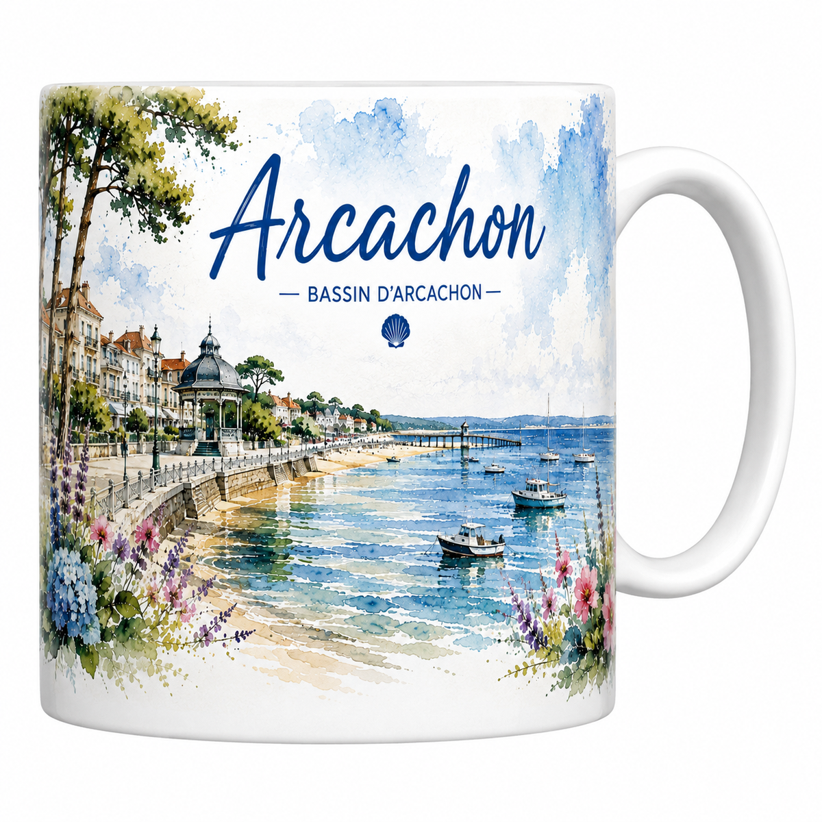 Mug céramique blanc Arcachon : kiosque à musique, jetée Thiers et pinasses sur le Bassin en aquarelle